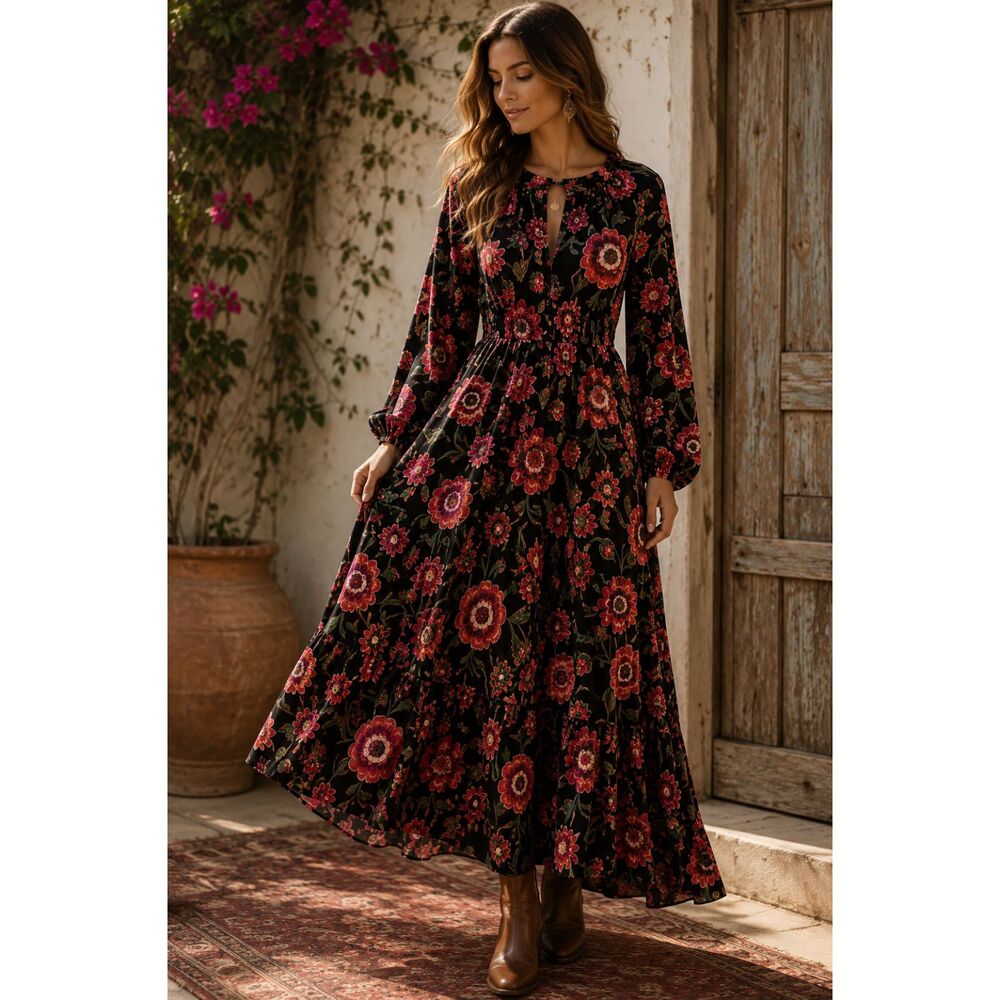 Floral Maxi Dress L Black Pink Boho Cottagecore Long Sleeve Romantic